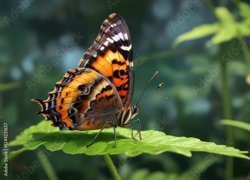 Side view of a tortoiseshell butterfly resting on a leaf stem , entomology, animal, outdoor