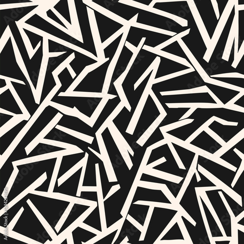 Abstract black and white seamless pattern. Urban art texture with chaotic shapes, lines, patches. Sport graffiti vector background. Repeat funky sporty geo design. All-over pattern for print, fabric
