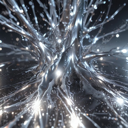 Silver liquid metalic pattern with glowing sparks and electrifying effects, high-voltage power, bright lights, liquid metal