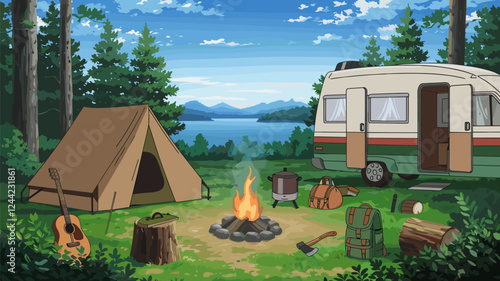 Forest Campsite with Tent and Camper Van