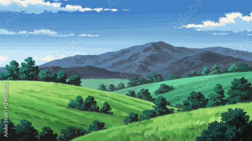 Rolling Green Hills with Distant Mountains