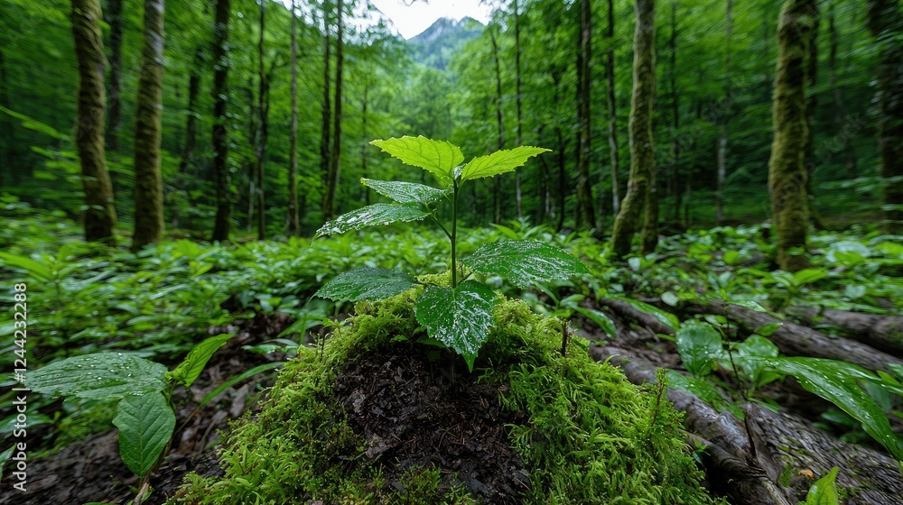 Young tree growing in lush forest