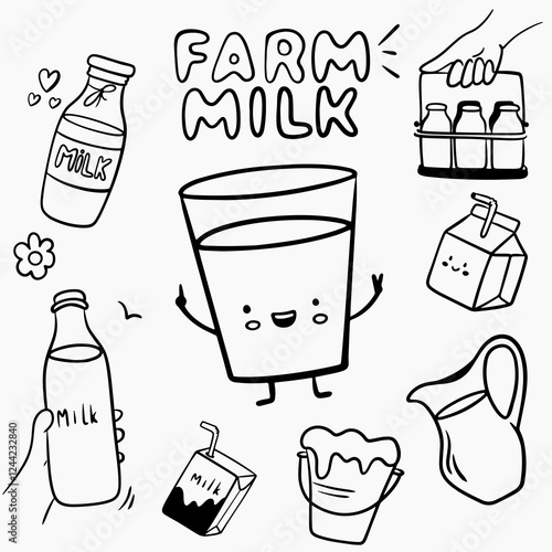 Dairy farm, in doodle linear style: hand with a box of milk, hand with a bottle of milk, character, lettering, glass of milk, carafe of milk, bucket