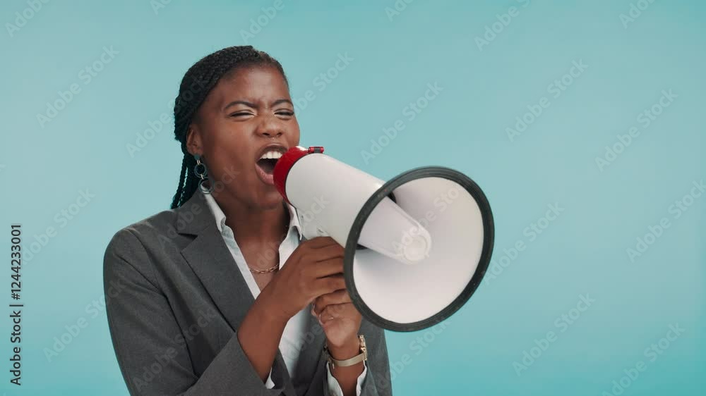 Protest, megaphone and black woman in studio with scream, speech and business announcement. Shout, revolution and businesswoman with loud speaker for opinion, attention and action on blue background Protest, megaphone and black woman in studio with scream, speech and business announcement. Shout, revolution and businesswoman with loud speaker for opinion, attention and action on blue background