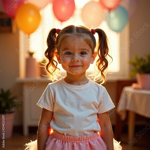 White baby t-shirt mockup, front view. Elegant little girl stands on a birthday background