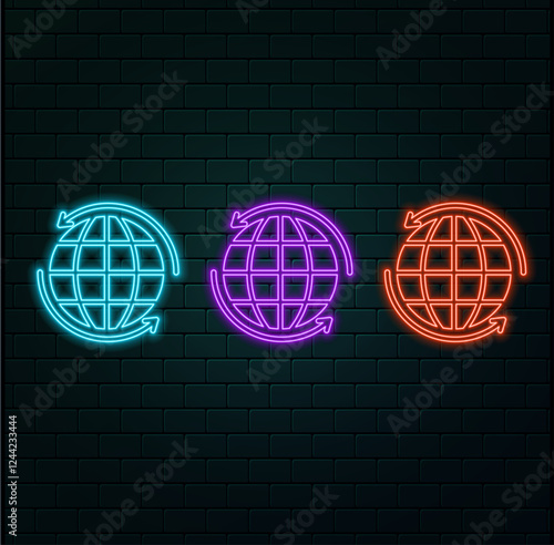 Lilac pink neon sign on brick wall Maps pin. Location pin. Location map icon.