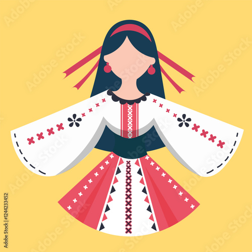 Romanian girl wearing a romanian knitted ie with slavic traditional motifs. White and red blouse from Romania for 1st of december.
