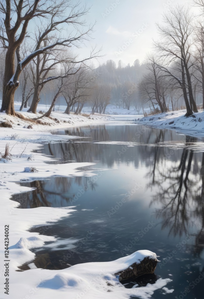 Snowy landscape with bare trees and a frozen lake, snowy landscape, peaceful atmosphere Snowy landscape with bare trees and a frozen lake, snowy landscape, peaceful atmosphere