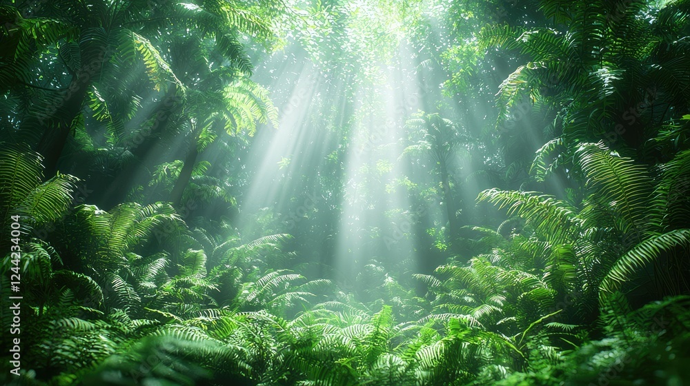 Fototapeta premium Sunbeams Illuminate Lush Tropical Rainforest Canopy