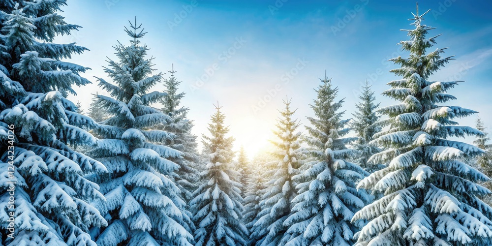 Obraz premium Snowy evergreen trees stand frosty with branches stretching towards the sky like frozen arms, snow covered, frozen landscape, winter wonderland, bare trees