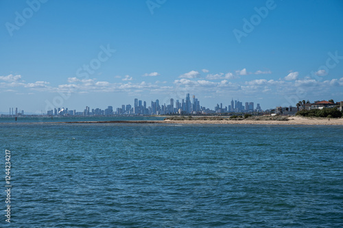 Melbourne, Australia, View towards Middle Brighton Beach with Melbourne CBD in the distance photo