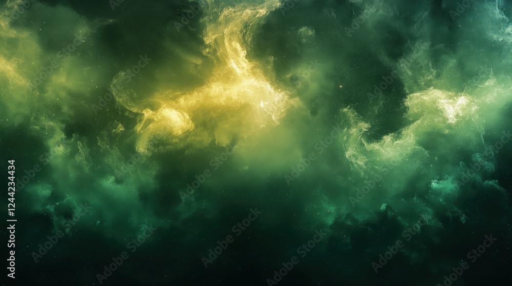 Obraz premium Ethereal green and gold nebula with cosmic clouds and glowing light