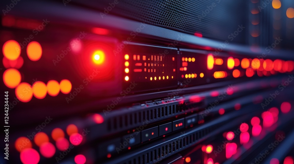 Close-up of illuminated server rack with vibrant red lights in a data center environment Close-up of illuminated server rack with vibrant red lights in a data center environment
