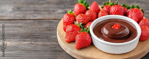 Dipping strawberries in rich chocolate sauce kitchen food photography rustic setting close-up view indulgent treat