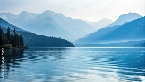 Soft serene indigo blue watercolor waves gently rolling on a tranquil mountain lake against a crisp white backdrop, serenity, watercolor, blue, scenery, peacefulness