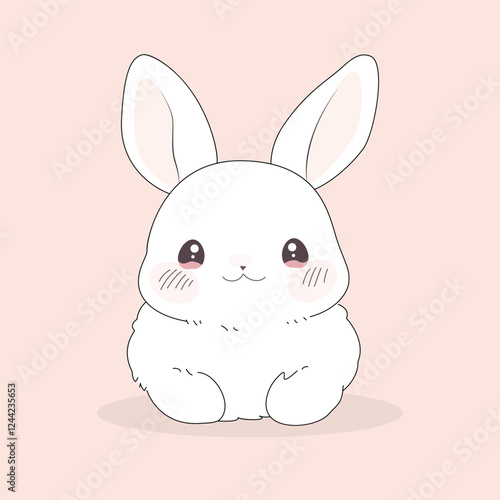 Cute bunny vector. Hand drawn outline rabbit on white background. White and pink bunny sitting on the ground. Cartoon animal. Anime style design for t-shirt. Easter day bunny.