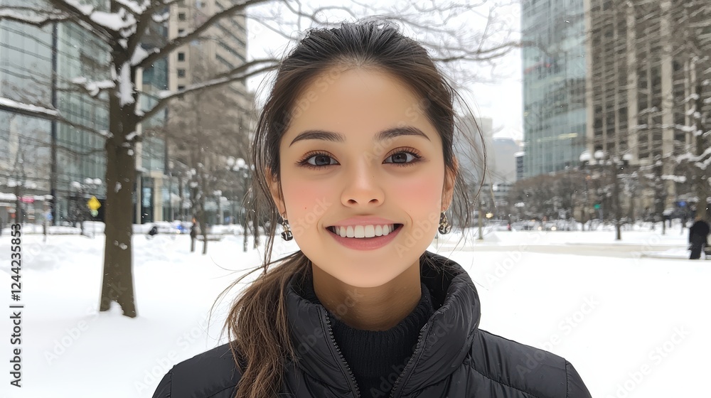 Smiling Young Woman in a Snowy Urban Landscape During Winter Smiling Young Woman in a Snowy Urban Landscape During Winter