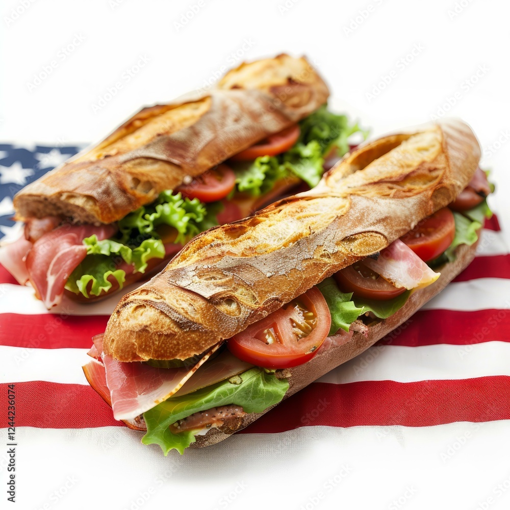 Two appetizing submarine sandwiches filled with ham, tomatoes, lettuce, and dressing are placed on an american flag Two appetizing submarine sandwiches filled with ham, tomatoes, lettuce, and dressing are placed on an american flag