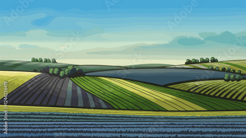 Rural Landscape with Green and Yellow Fields