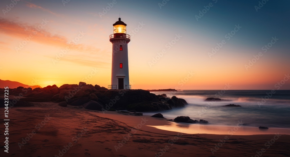 Atlantic Beacon at Dusk. Horizontal Shot of Faro de la Entallada Lighthouse Beam on Fuerteventura Coast Atlantic Beacon at Dusk. Horizontal Shot of Faro de la Entallada Lighthouse Beam on Fuerteventura Coast