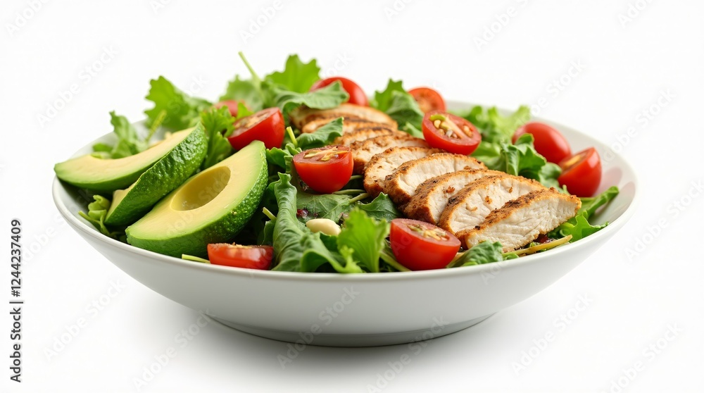 A fresh, colorful salad bowl with a variety of healthy ingredients like leafy greens, cherry tomatoes, avocado slices, and grilled chicken, isolated on a clean white background. The salad is vibrant, A fresh, colorful salad bowl with a variety of healthy ingredients like leafy greens, cherry tomatoes, avocado slices, and grilled chicken, isolated on a clean white background. The salad is vibrant,