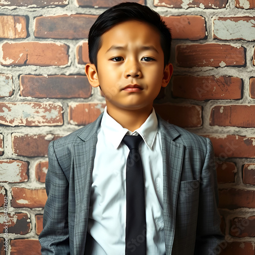 Sadness Asian Boy In A Gray Suit On Brick Wall Background photo