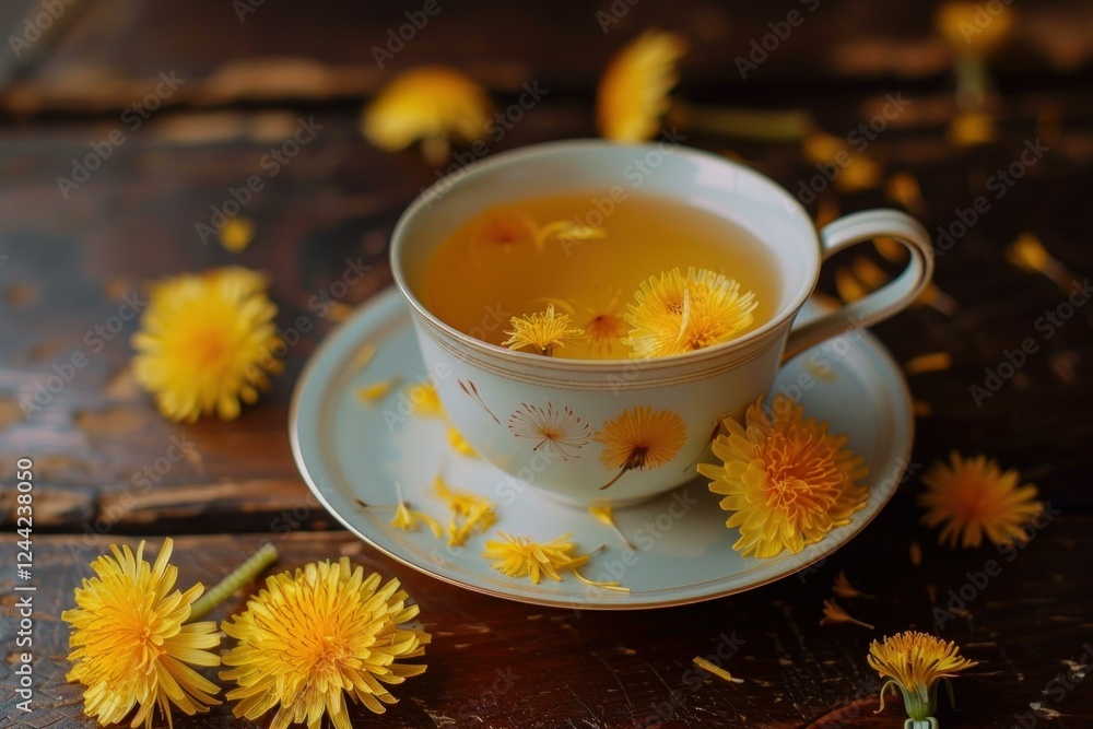 Dandelion herbal tea is served in a porcelain cup decorated with dandelions, surrounded by fresh dandelion flowers on a rustic wooden table Dandelion herbal tea is served in a porcelain cup decorated with dandelions, surrounded by fresh dandelion flowers on a rustic wooden table