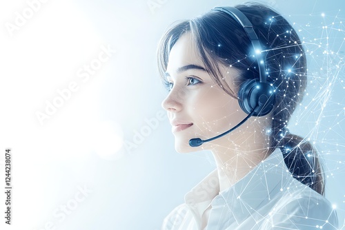 Photo of an AI entity in a virtual headset talking to a human customer service representative, isolated on a transparent background.
