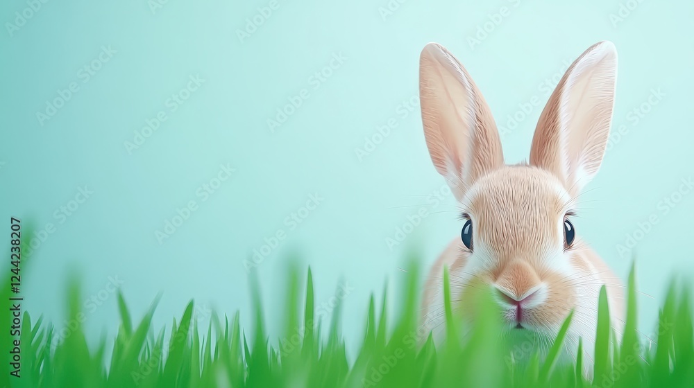 Obraz premium Cute Rabbit Peeking Out from Lush Green Grass Background