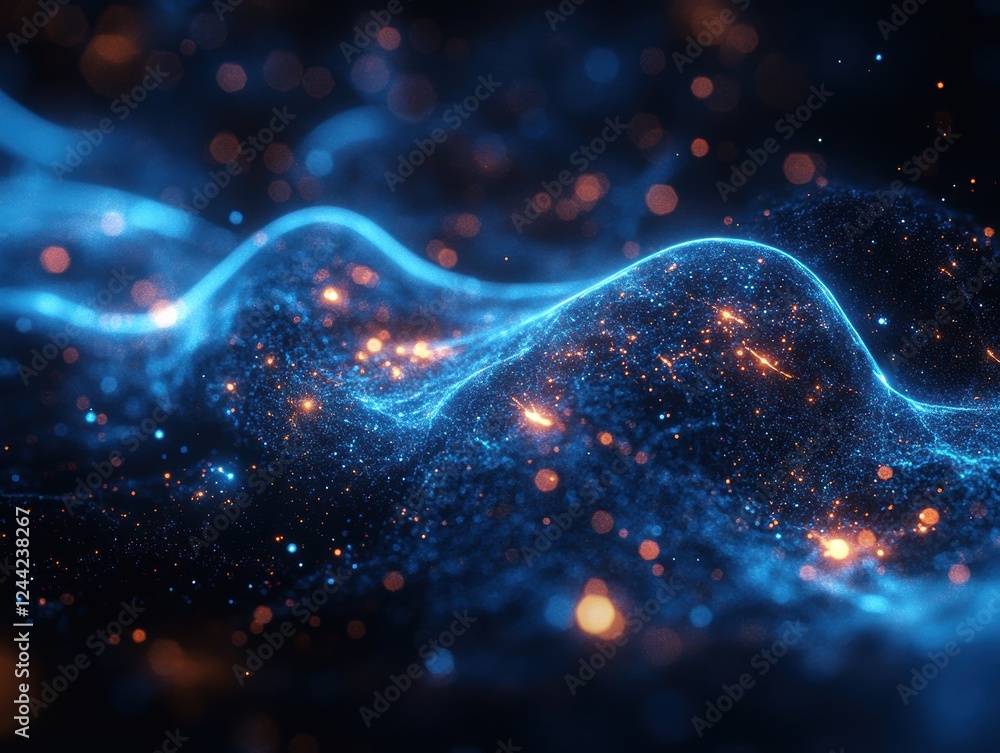 Fototapeta premium Abstract representation of glowing waves and particles in a cosmic setting.