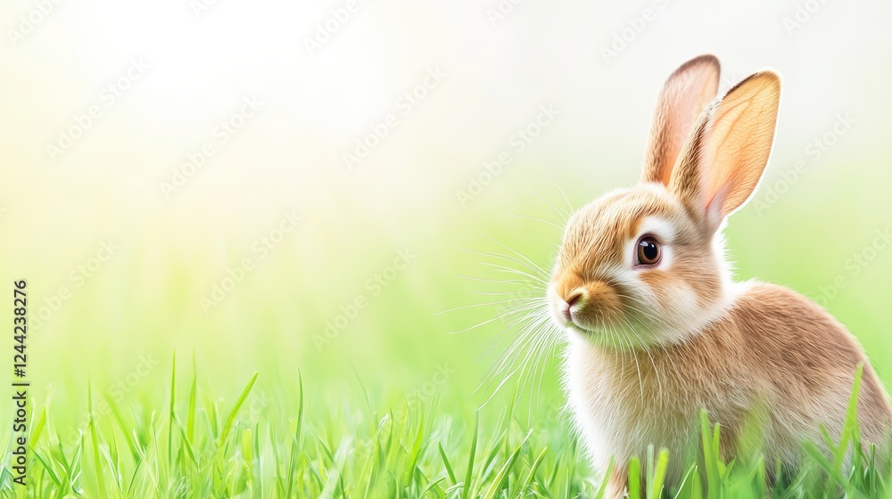 Fototapeta premium Cute Bunny Sitting on Fresh Green Grass in Sunlight