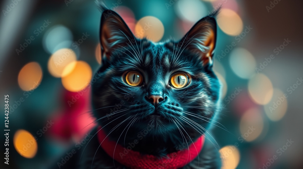 Black cat lazily lays on couch, Christmas tree in the background. Black cat lazily lays on couch, Christmas tree in the background.