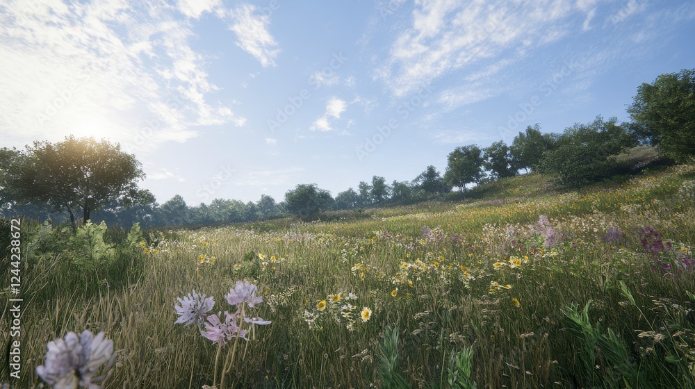 A Breathtaking Summer Meadow with Wildflowers and Trees, a Serene Countryside Scene A Breathtaking Summer Meadow with Wildflowers and Trees, a Serene Countryside Scene