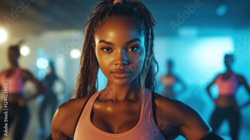 A strong and energetic female fitness instructor guides a diverse group of participants in an intense and engaging workout session in a vibrant gym setting. photo