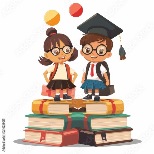 A cartoon of a boy and girl wearing glasses and a graduation cap
