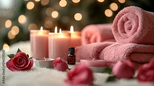 Valentine's themed spa corner with rose scented candles essential oils and luxurious bathrobes styled for indulgent self care photo