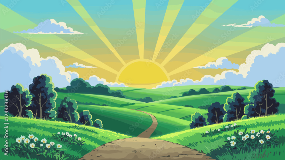 Fototapeta premium Sunrise over Rolling Green Hills Landscape