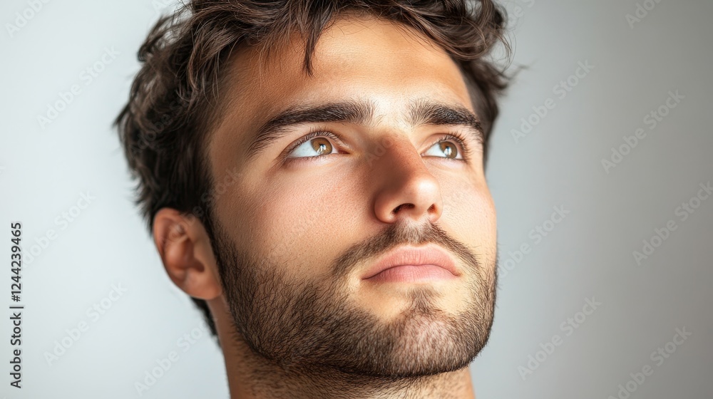 minimalistic attractive portrait of 30 years old brunette man looks up on white background, male face minimalistic attractive portrait of 30 years old brunette man looks up on white background, male face