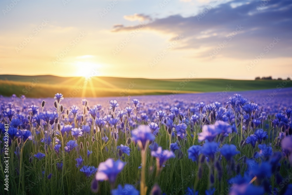 Naklejka premium Beautiful Flax Field at Sunset in Austria. Agriculture and Flaxseed Farming with Cloudy Sky Ball Background in Europa