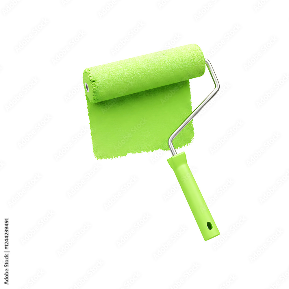 Obraz premium Paint Roller with Vibrant Lime Green Paint Stroke on White Background 