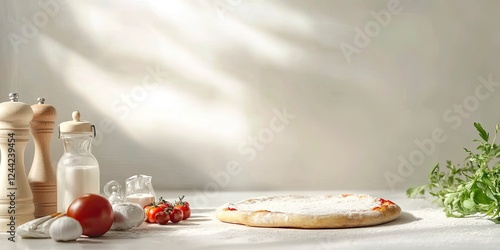 Photo of an unsliced pizza on the table with a rolling pin and ingredients, against a white background with copy space for text.  photo