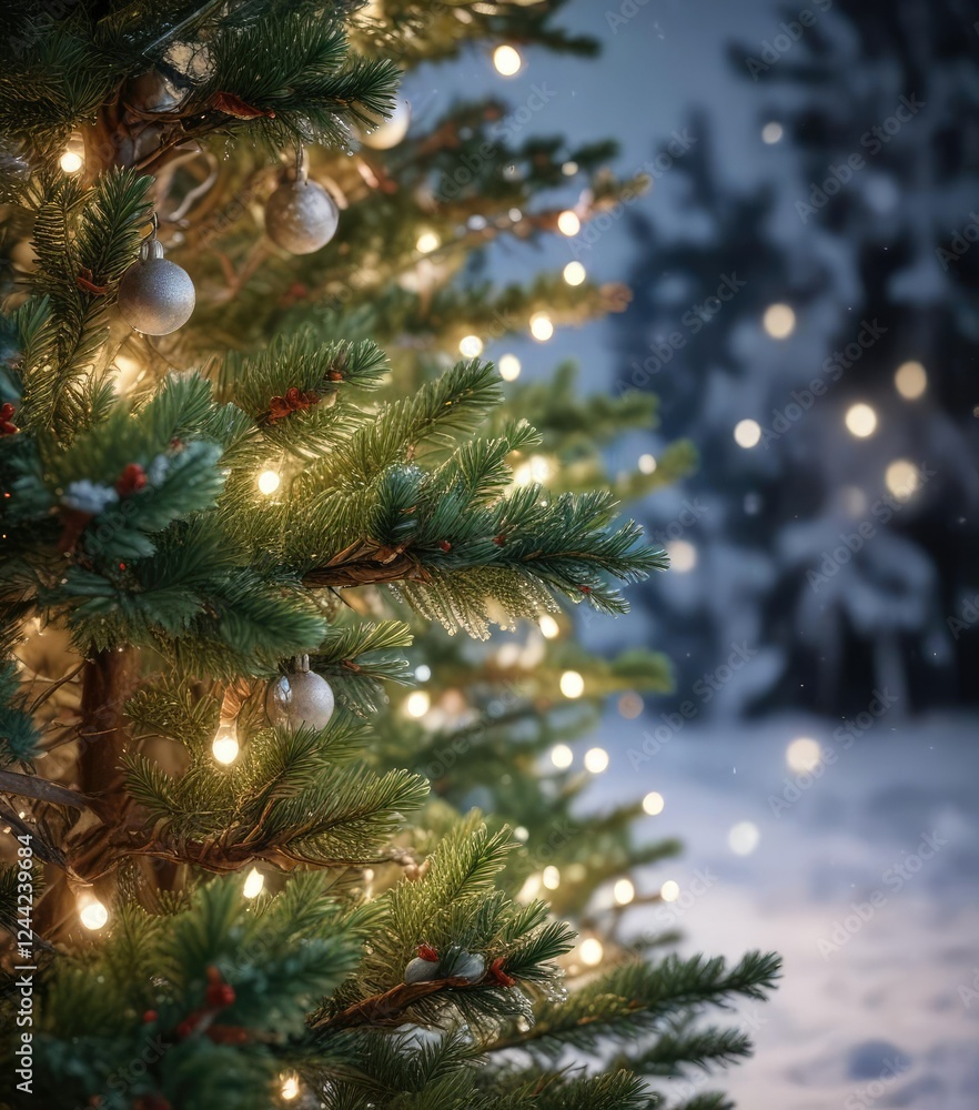 Pine needles and branches of a Christmas tree decorated with fairy lights on a snowy background, evergreen forest, snow-covered trees, pine branch Pine needles and branches of a Christmas tree decorated with fairy lights on a snowy background, evergreen forest, snow-covered trees, pine branch
