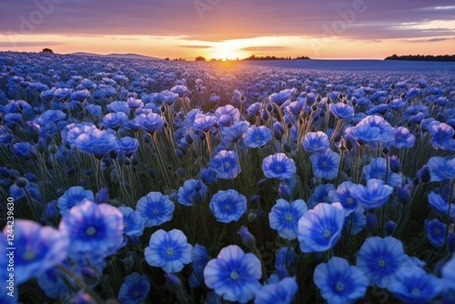Beautiful Flax Field on Sunset in Austria. Agriculture Background with Flax and Flaxseed Crops on Field. Ball of Sun behind Cloud over Europa