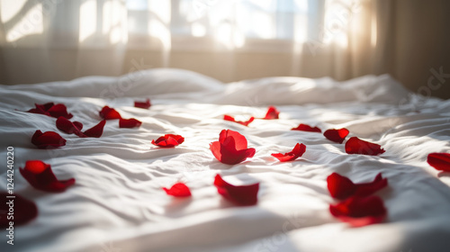 Soft white sheets are scattered with vibrant red rose petals, creating a romantic atmosphere in a sunlit bedroom