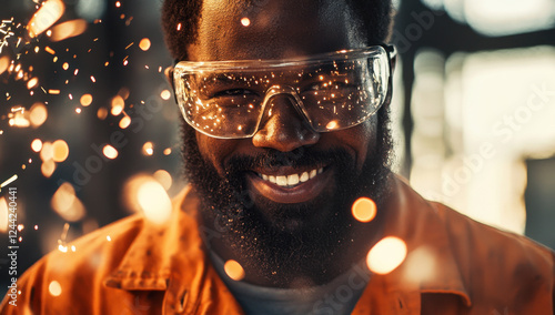 Black male worker with a beard is smiling while wearing safety glasses during sparks flying from metalwork in an industrial environment