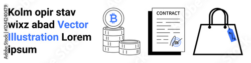 Stacked coins marked with cryptocurrency symbol, contract paper with signature, and shopping bag with price tag. Ideal for fintech, e-commerce, blockchain, smart contracts, online security, digital