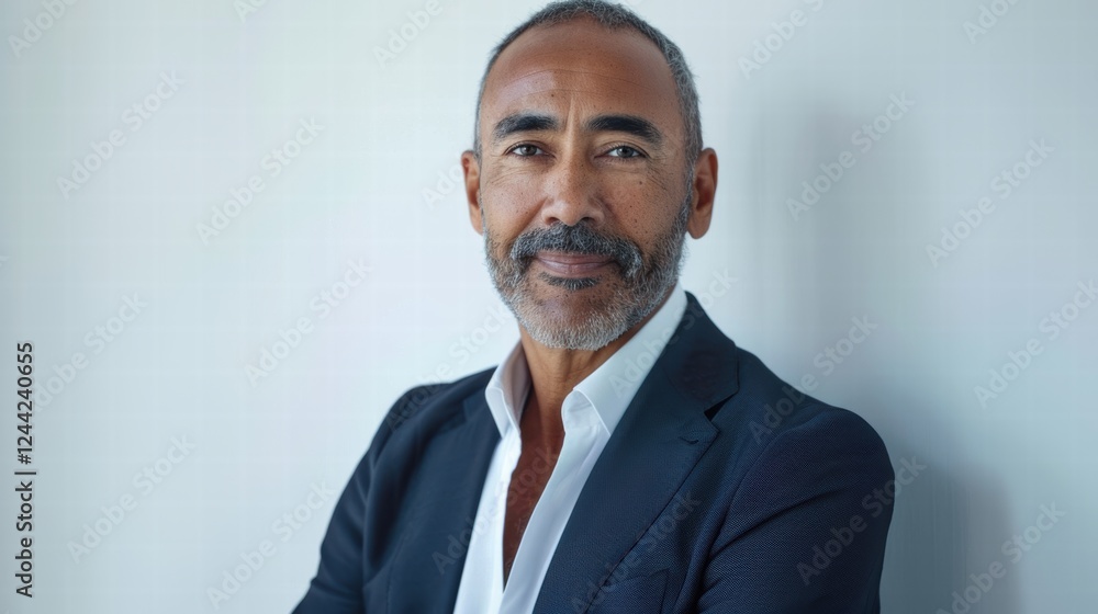A confident businessman in a suit showing success and leadership on white background. A confident businessman in a suit showing success and leadership on white background.