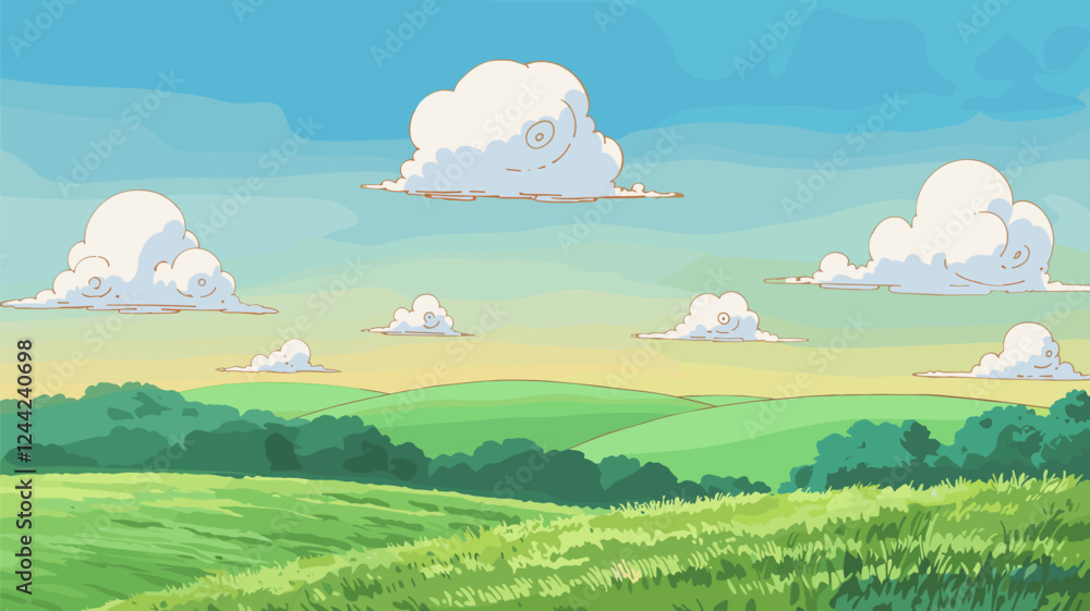 Fototapeta premium Cartoon Landscape with Green Hills and Clouds