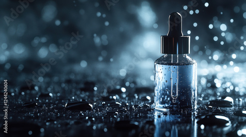 A bottle of clear face serum with an elegant dropper is highlighted against a backdrop of sparkling water droplets, creating a refreshing atmosphere