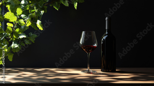 A bottle of red wine stands next to an elegantly shaped glass on a wooden table, illuminated by gentle light, creating a serene ambiance